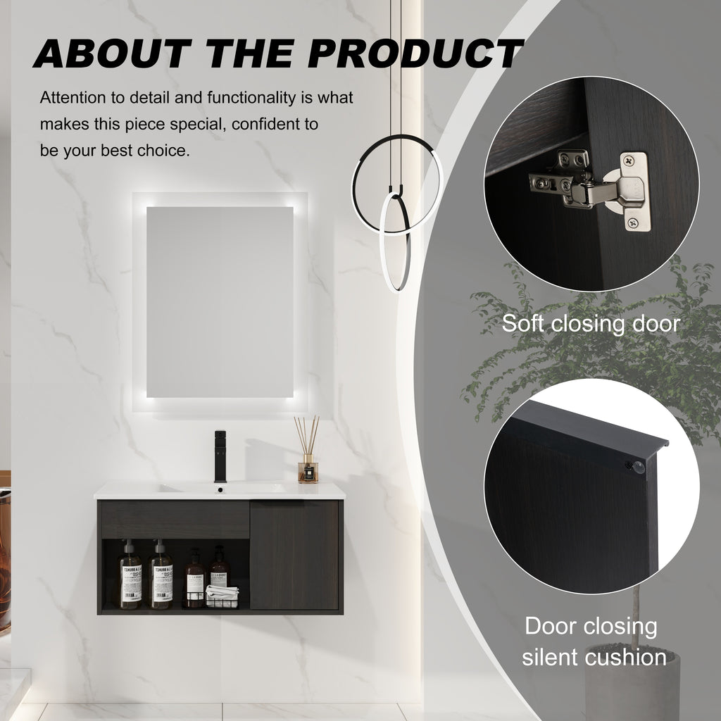 30" Wall-Mounted Floating Bathroom Vanity with Ceramic Sink – Modern Dark