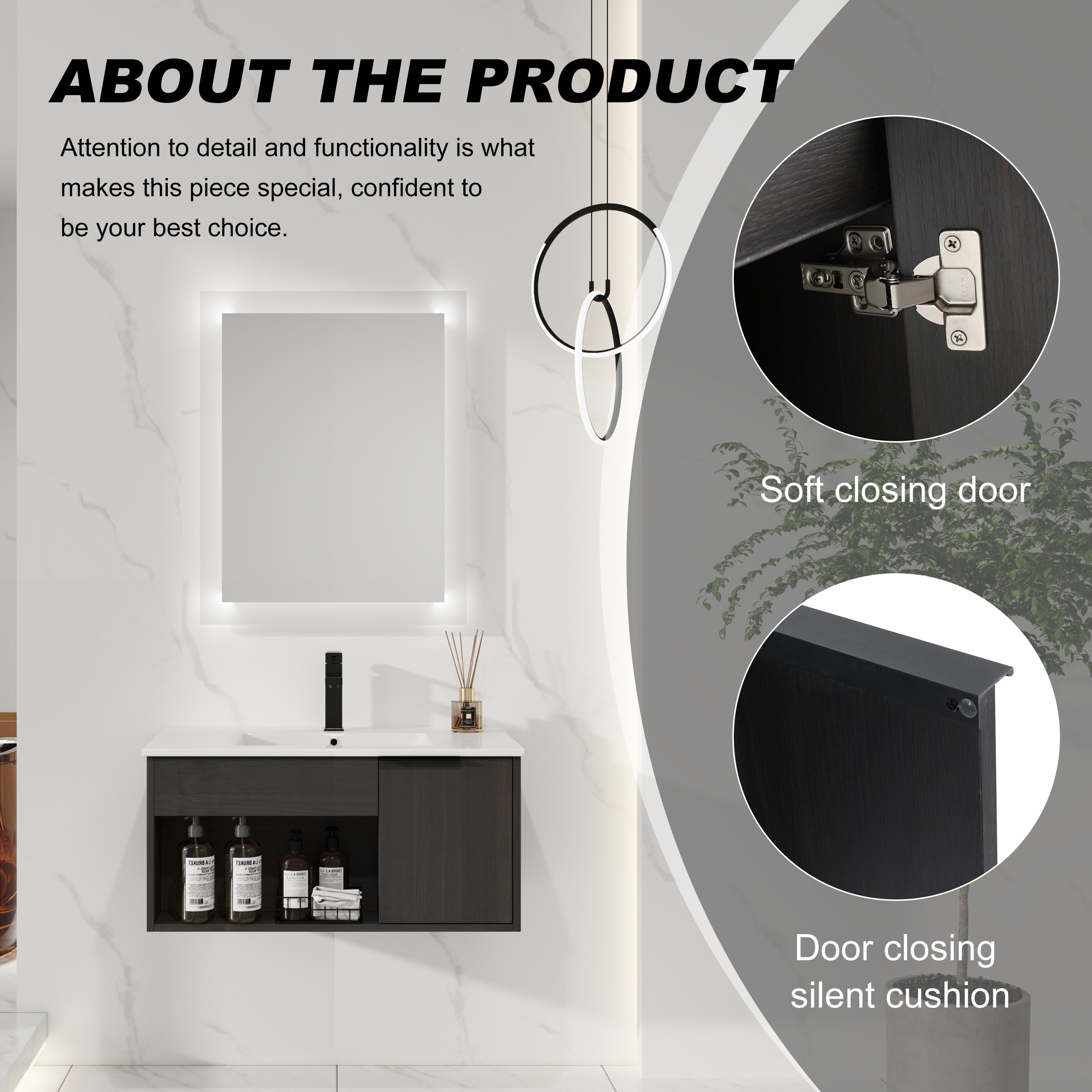 30" Wall-Mounted Floating Bathroom Vanity with Ceramic Sink – Modern Dark