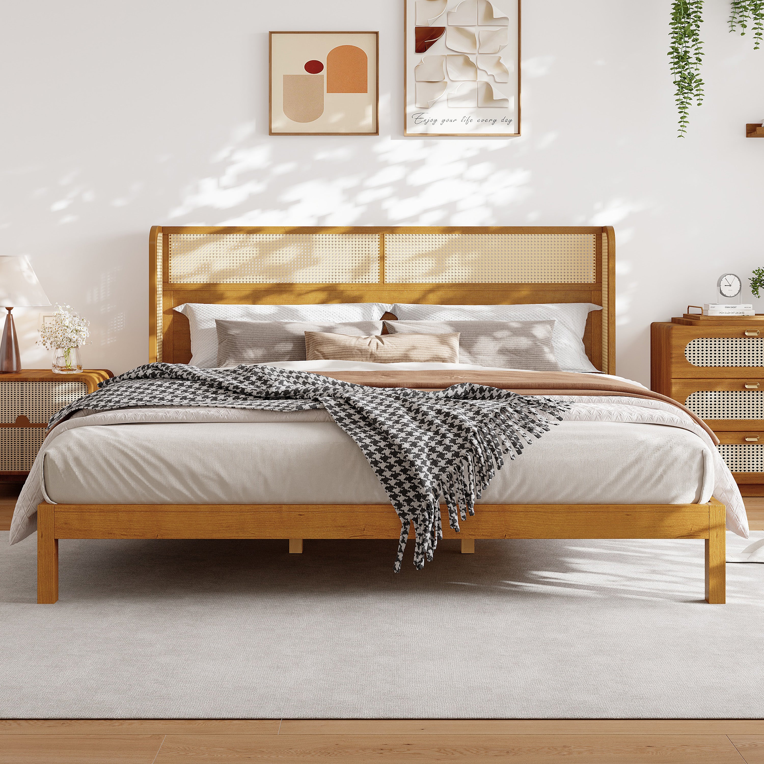 Premium Rubber Wood Platform Bed Frame, King Bed Frame with Headboard