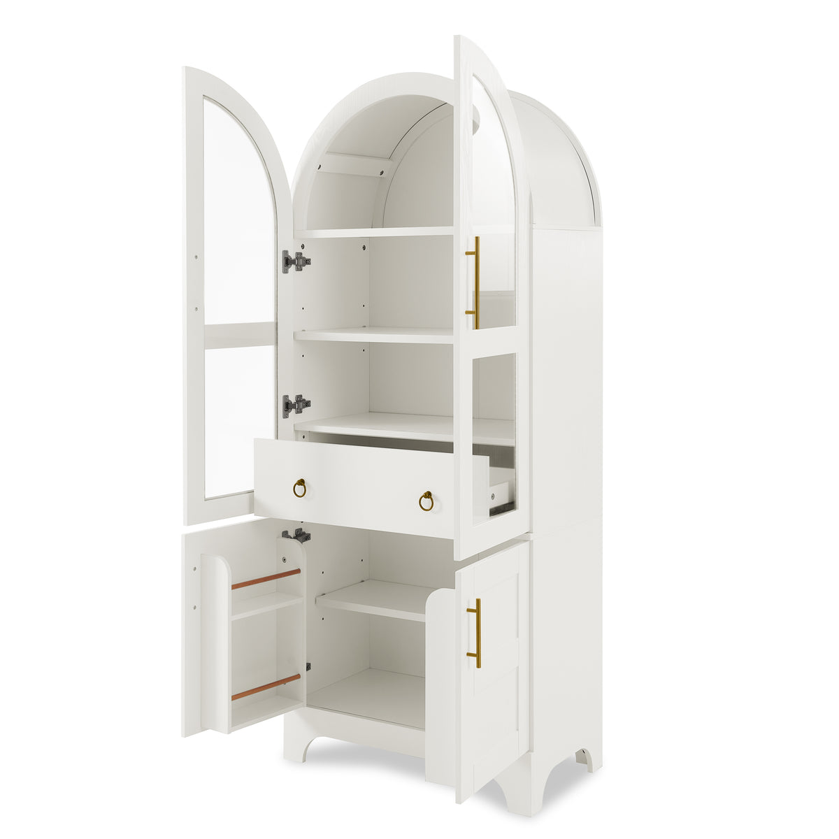 77-Inch Arched Kitchen Cabinet with Glass Doors and Hidden Drawer, White