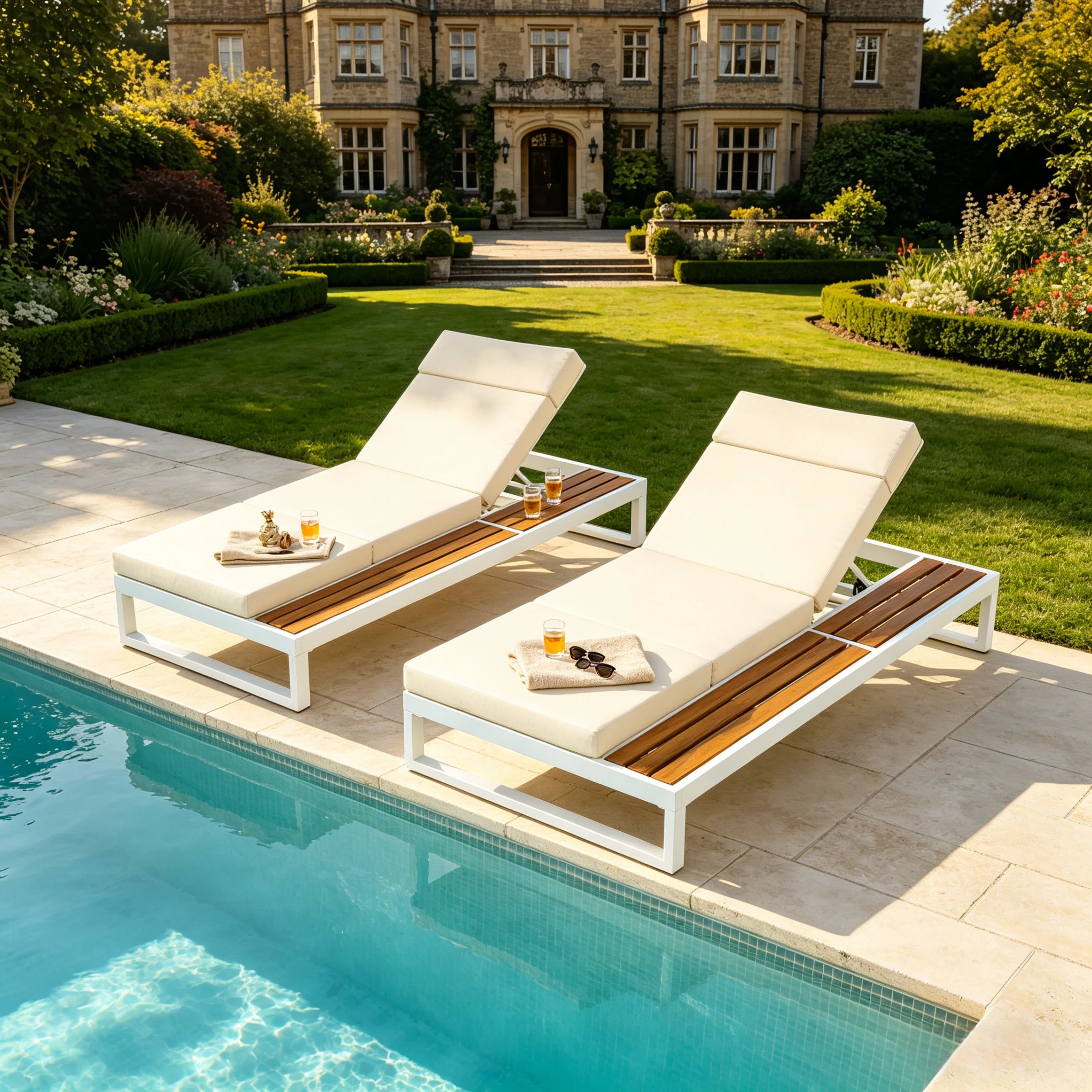 White Iron & Teak Finish Chaise Lounge Set