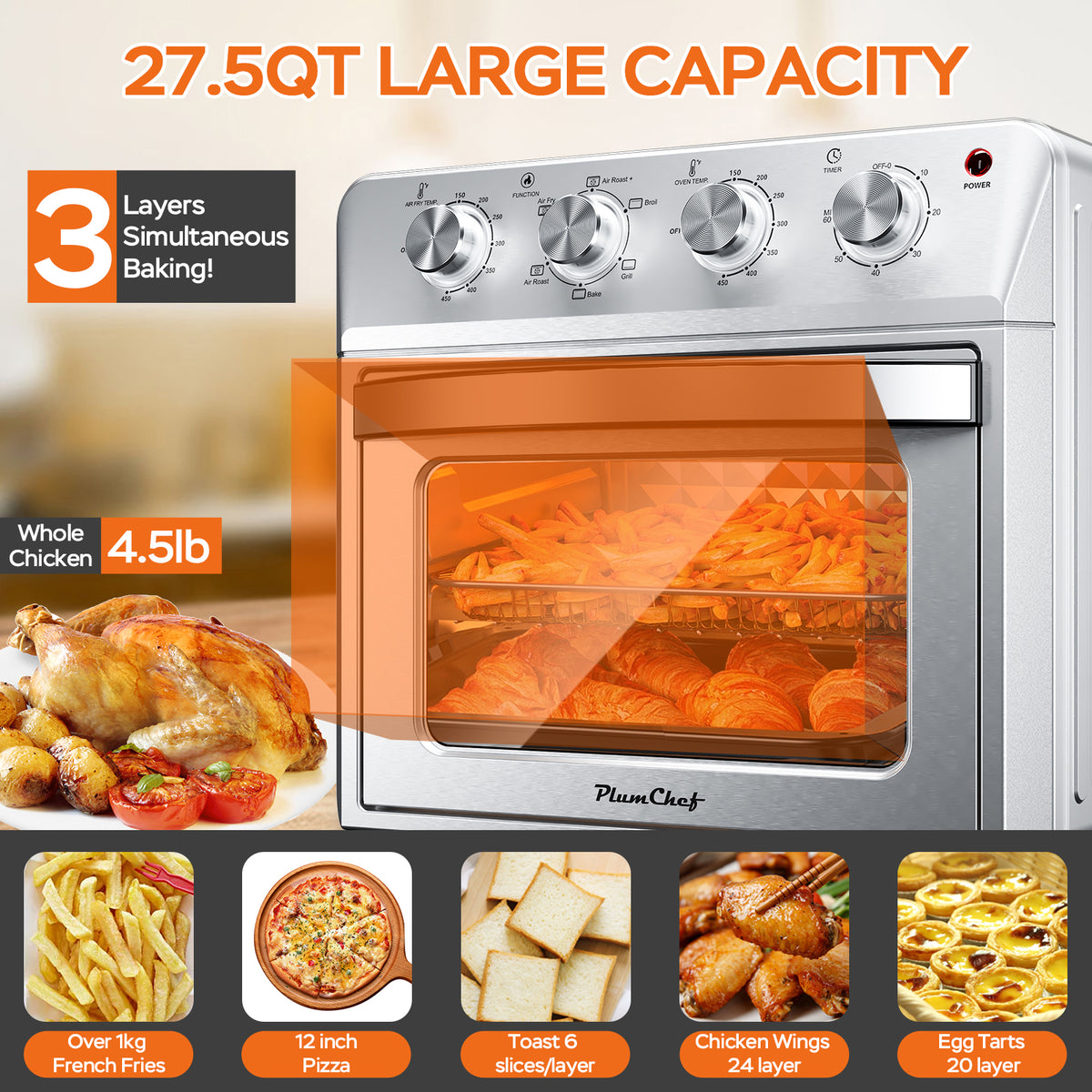 Plum Chef Air Fryer Oven 27.5QT, 6-in-1 Countertop Oven