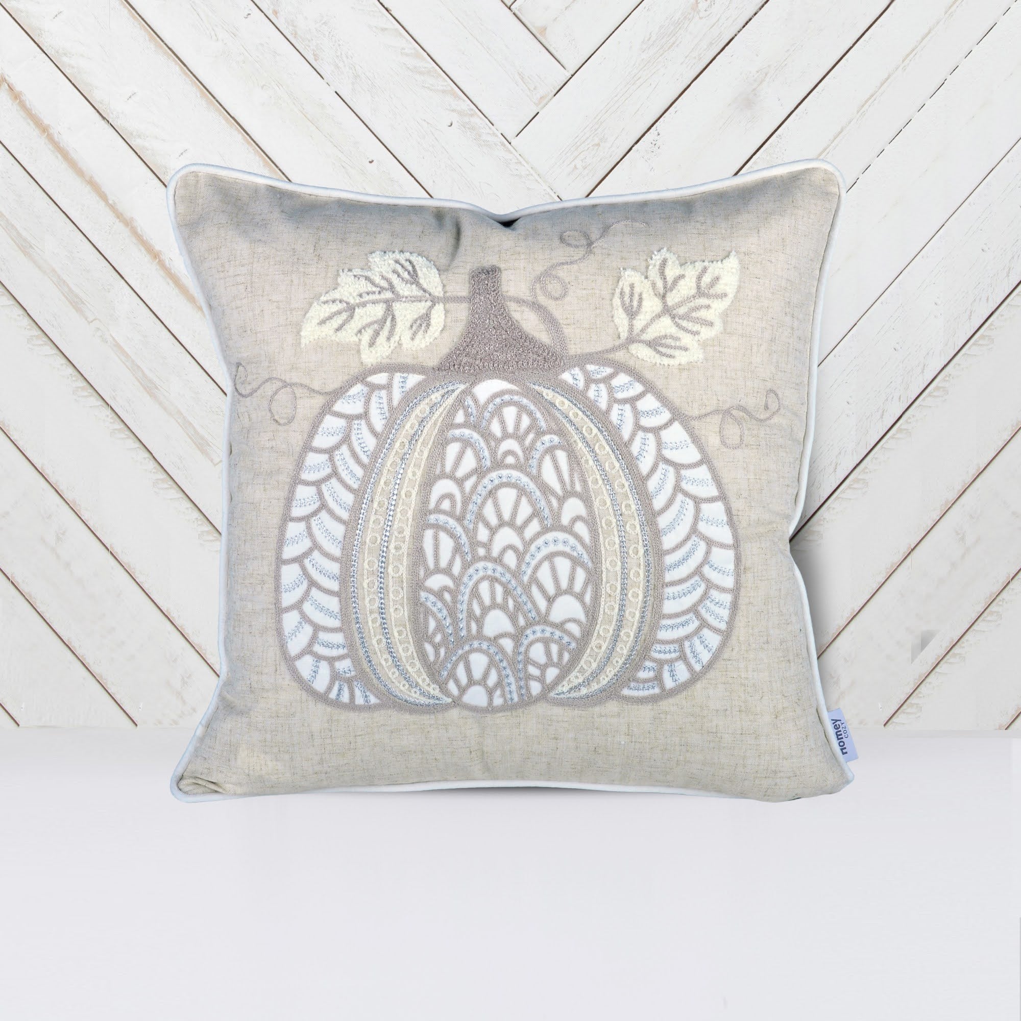 Embroidered Lace Pumpkin Accent Pillow – Neutral Fall Accent Cushion