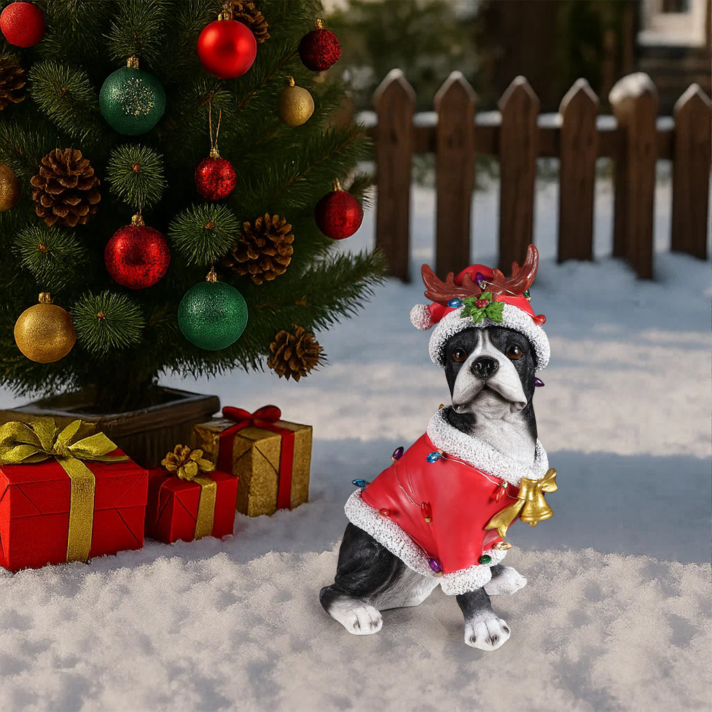 Christmas Boston Terrier Statue, Holiday Dog Figurine in Santa Outfit