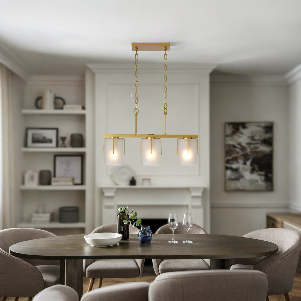 Modern Gold 3-Light Linear Chandelier with Frosted Glass Shades