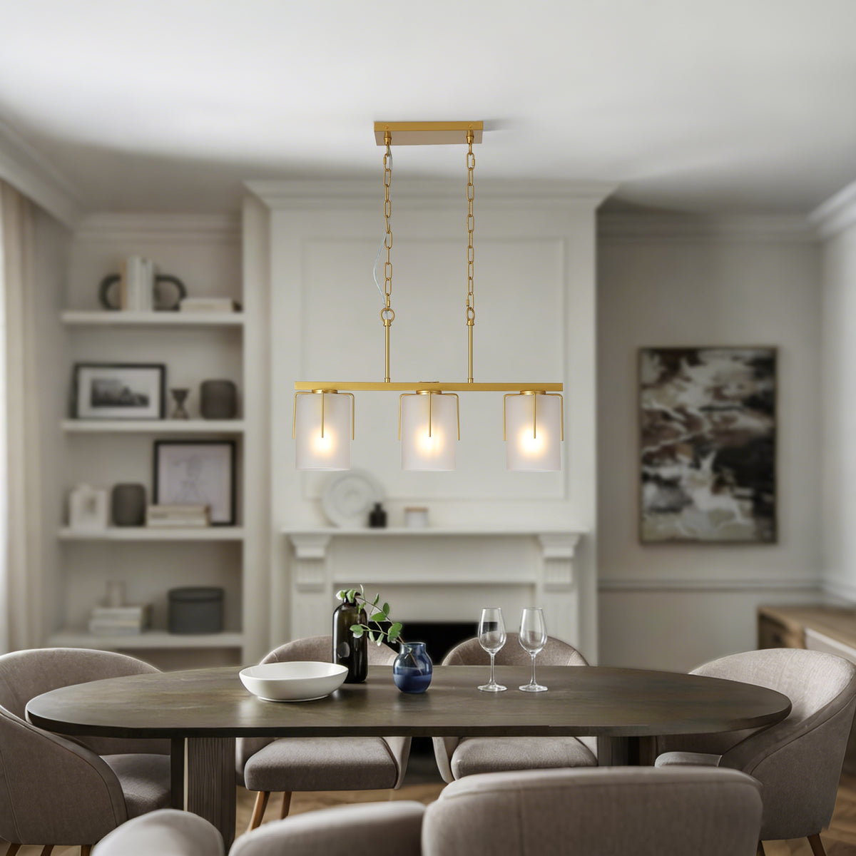 Modern Gold 3-Light Linear Chandelier with Frosted Glass Shades