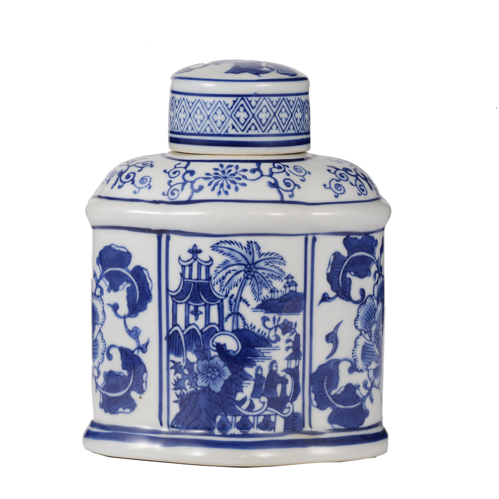 Ren Blue and White Porcelain Oval Jar with Lid, 6.2-Inch
