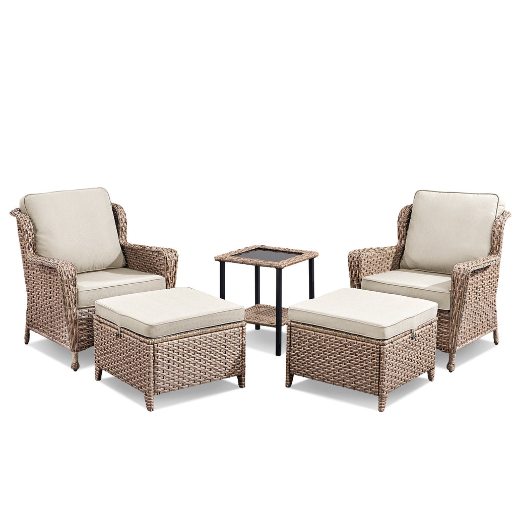 5-Piece Outdoor Lounge Chairs Set with Side Table and Ottomans