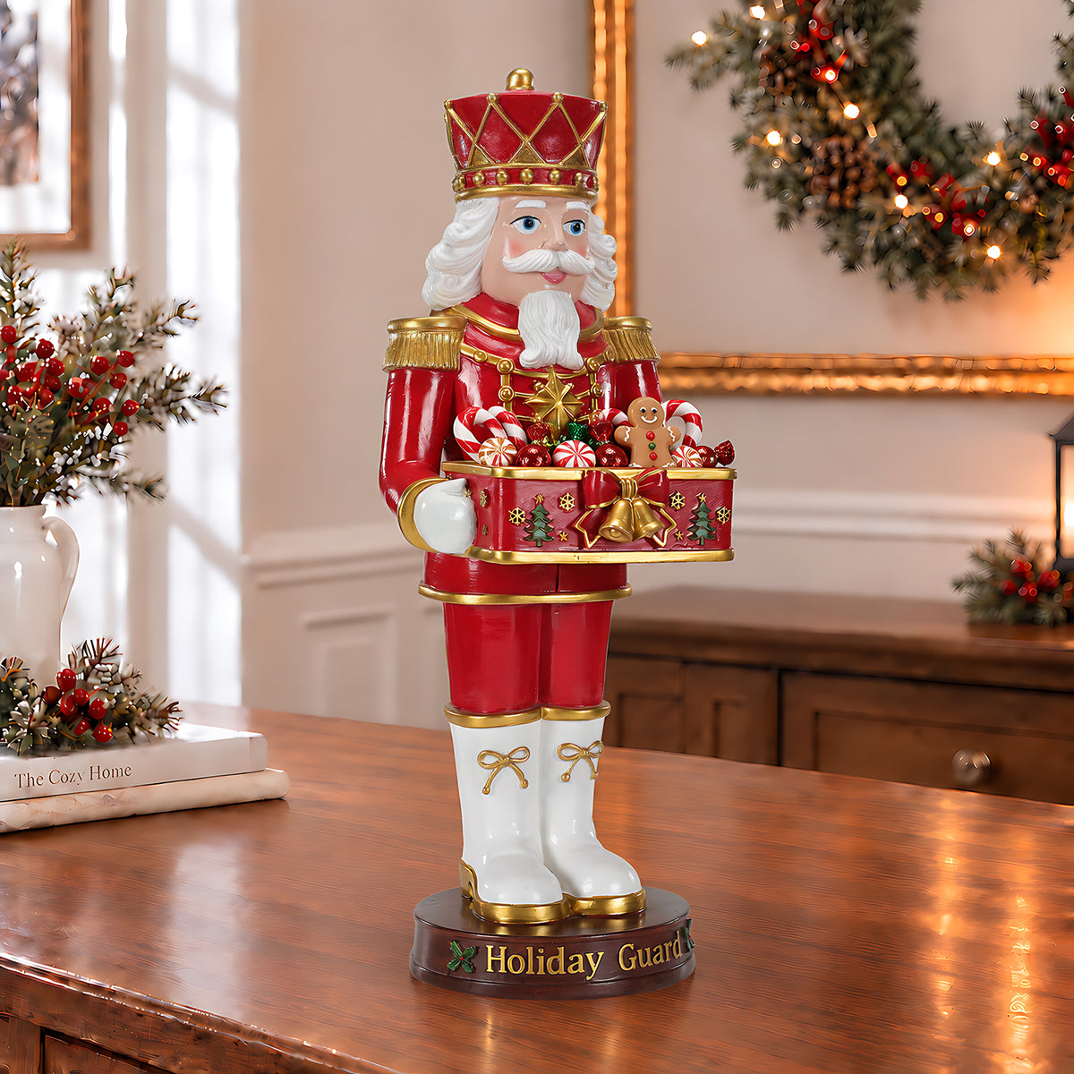 Christmas Nutcracker Soldier Statue with Serving Tray, Red and White