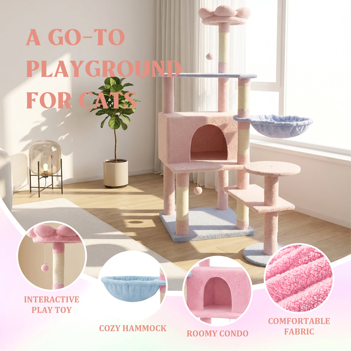 Flower Cat Tree with Large Condo, 56-Inch Tall, Pink