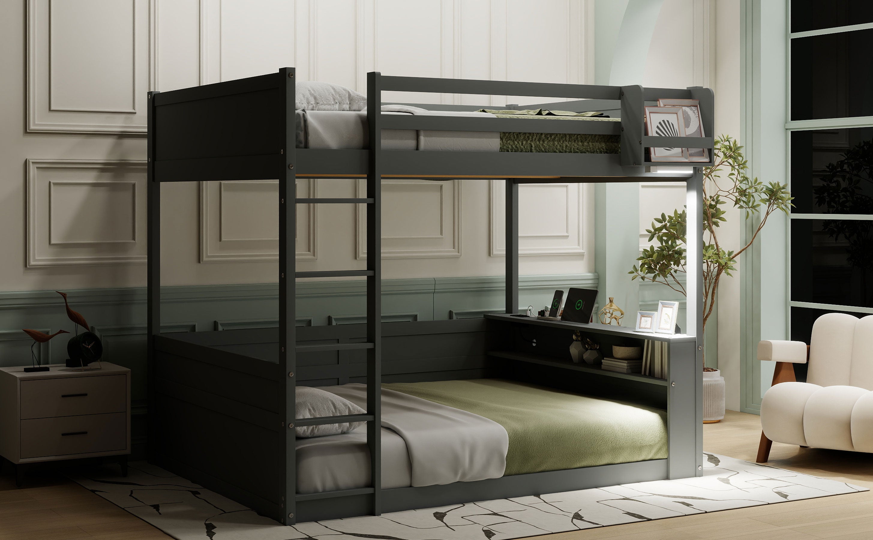 Queen Size Wooden Bunk Bed with Built-in Shelves and Storage