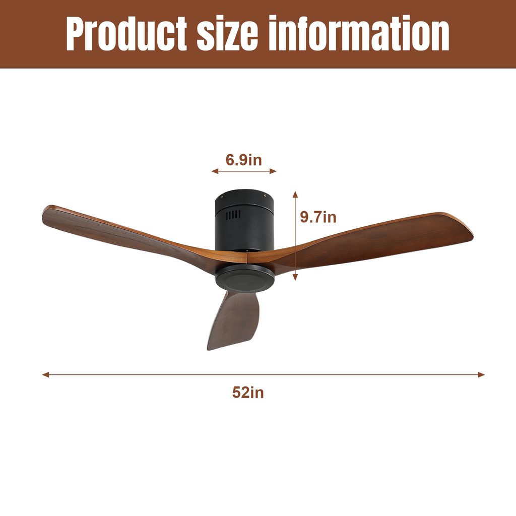 52 Inch Indoor Wooden Ceiling Fan With 3 Solid Wood Blades