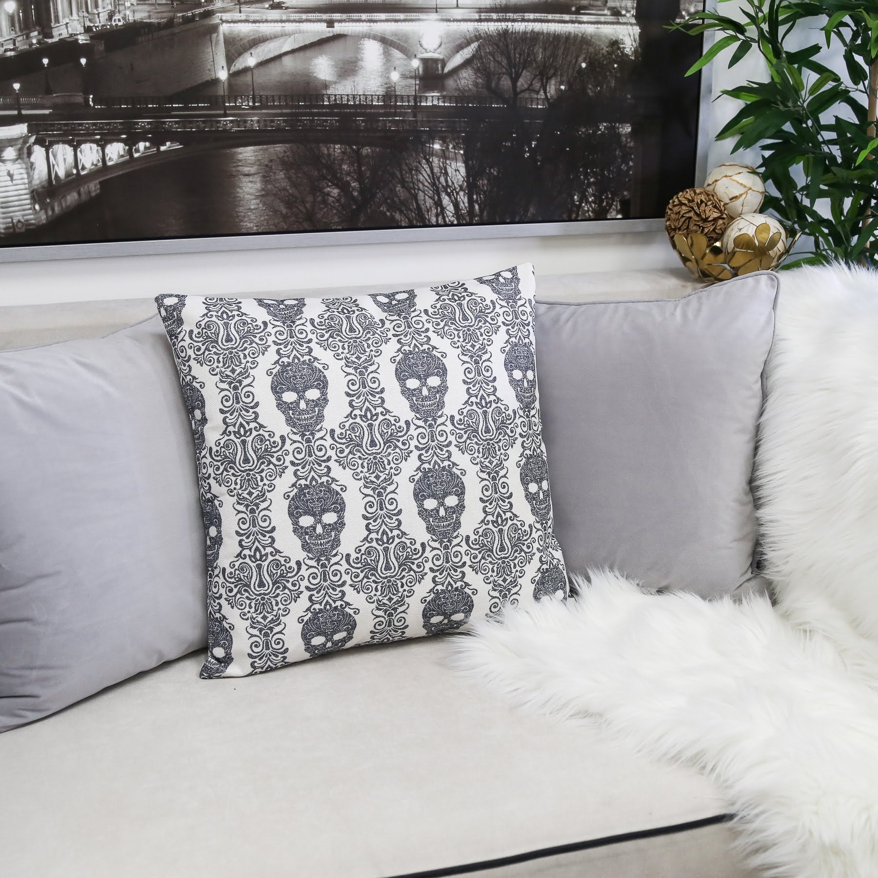 Gothic Damask Skull Throw Pillow