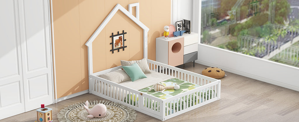 Wood Full Size House Platform Bed with Guardrail
