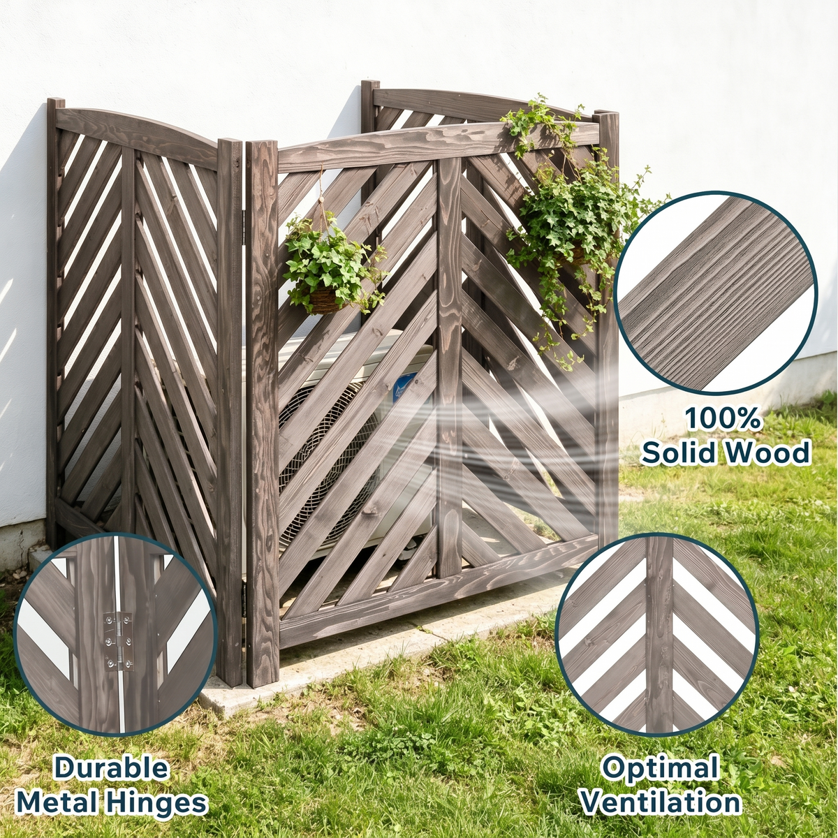 Air Conditioner Fence Screen, 3-Panel Cedar Privacy Screen, 33"W x 38"H, Gray