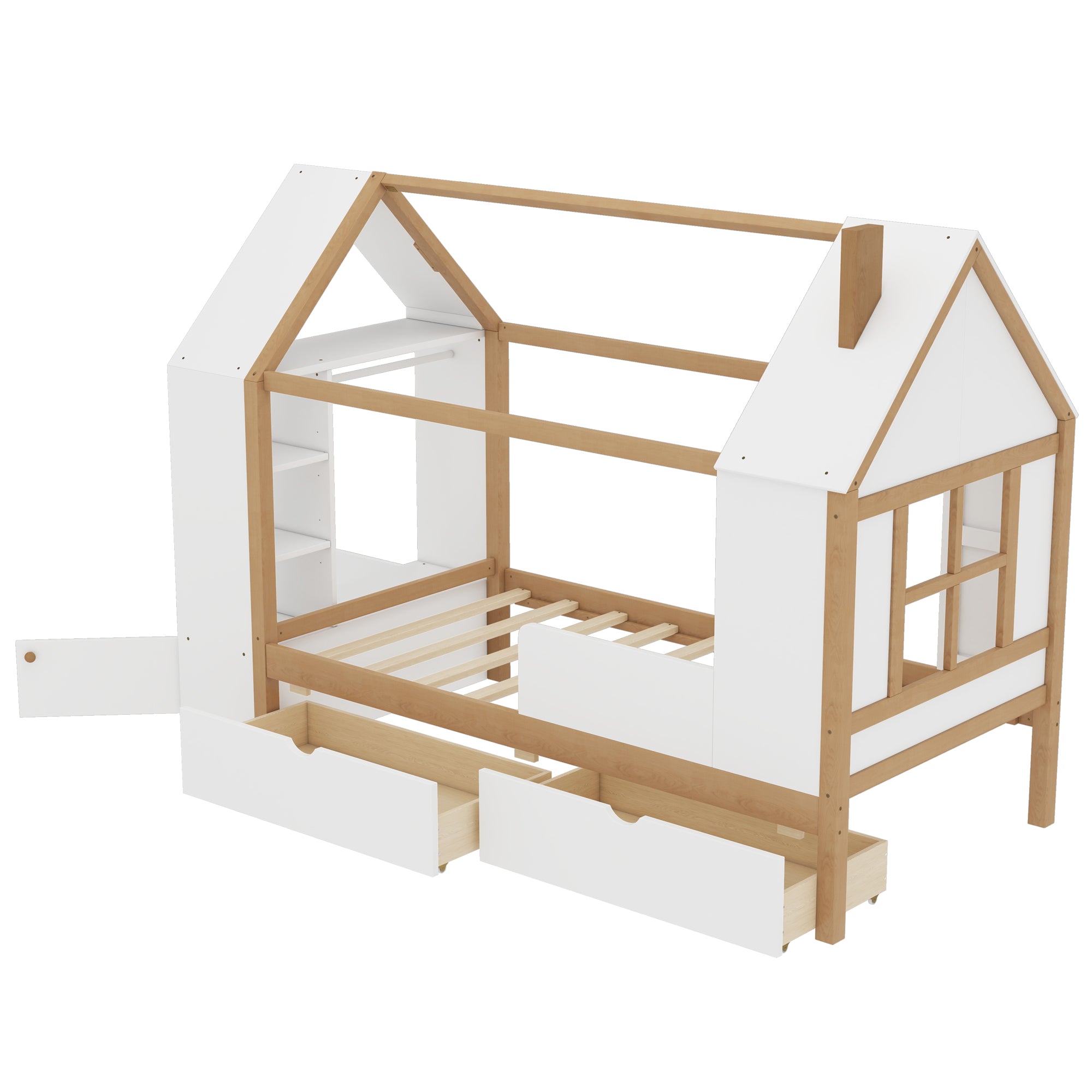 Twin Size House Platform Bed with Drawers and Shelves
