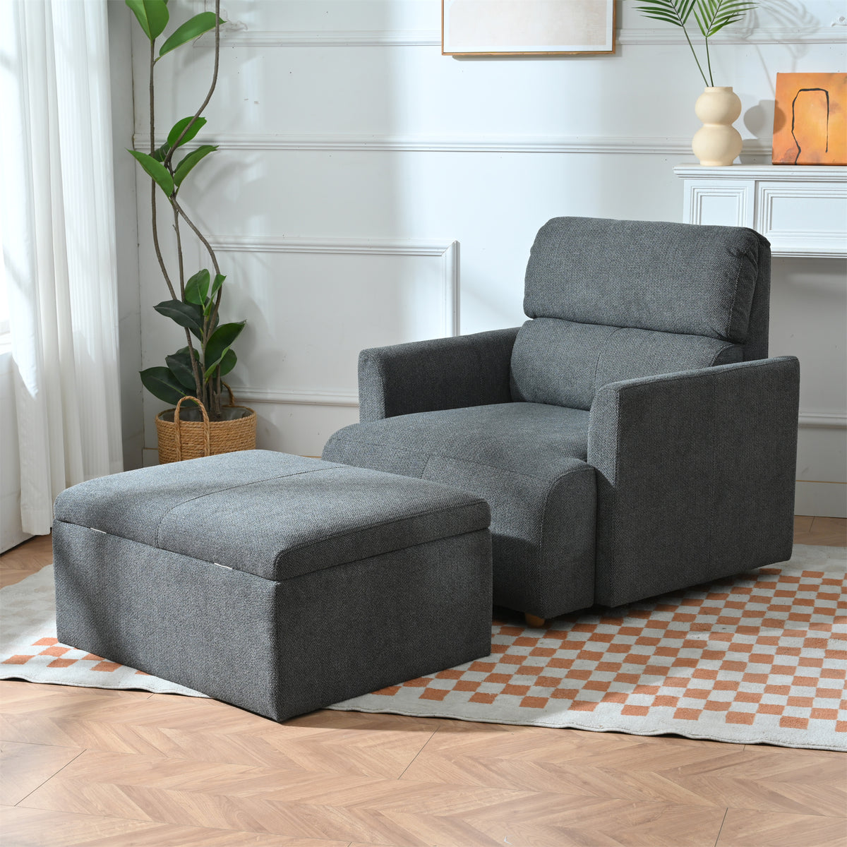 Oversized Accent Chair with Storage Ottoman, Dark Gray Velvet