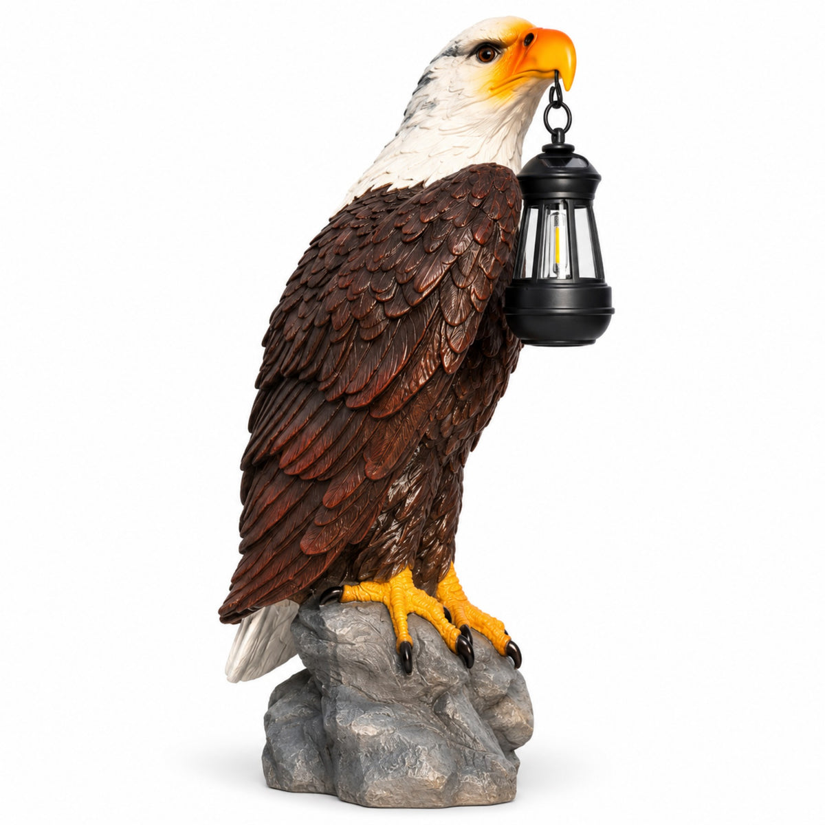 Solar Bald Eagle Garden Statue with Lantern, 23-Inch, Black Brown Resin