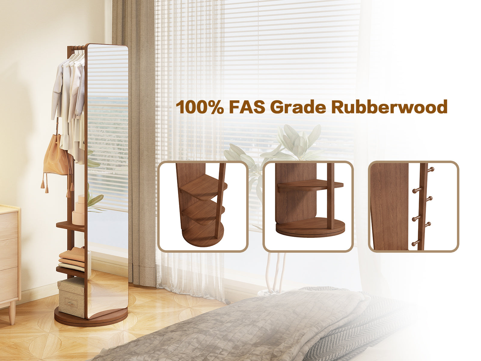 360° Rotating Multifunctional Full Length Mirror with Storage Rack