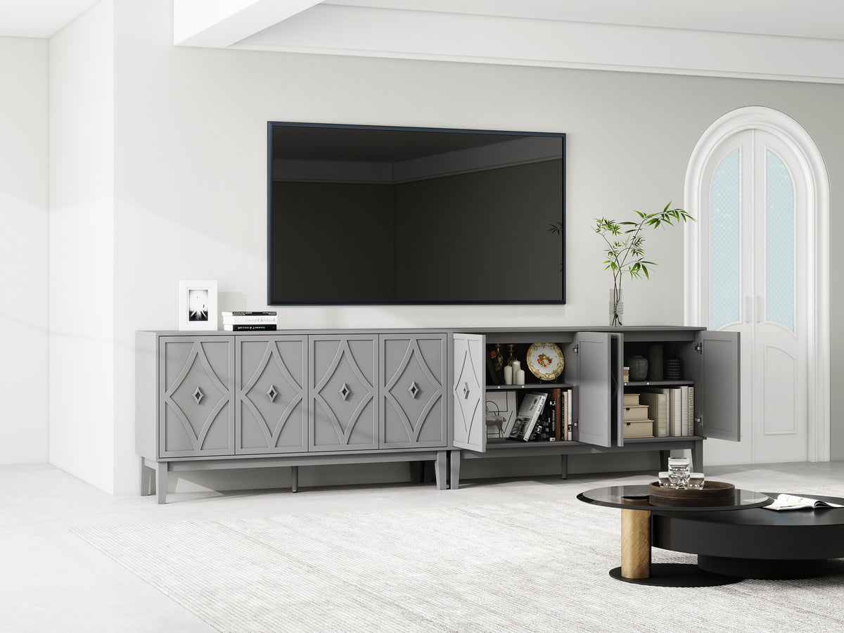4 Doors Cabinet Vintage Storage Cabinet with Hand-Carved Geometric Doors