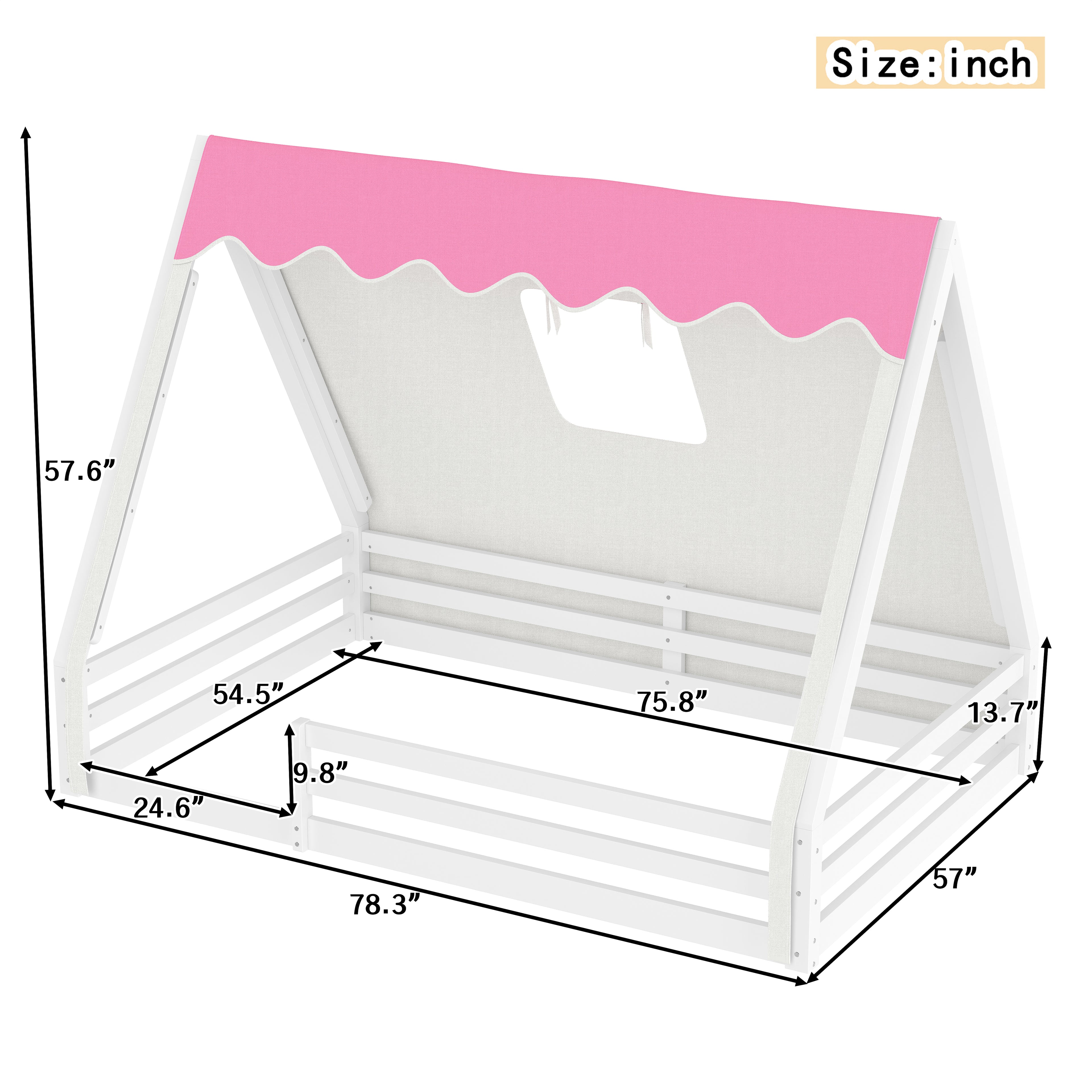 Full Size House Floor Bed with Tent and Light