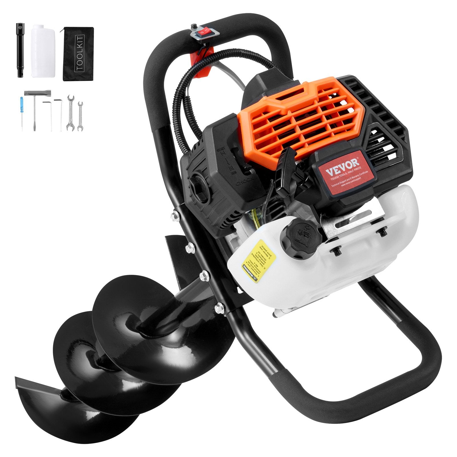 Gas Post Hole Digger 52CC 1450W with 8" Drill Bits & 1 Extension Rod