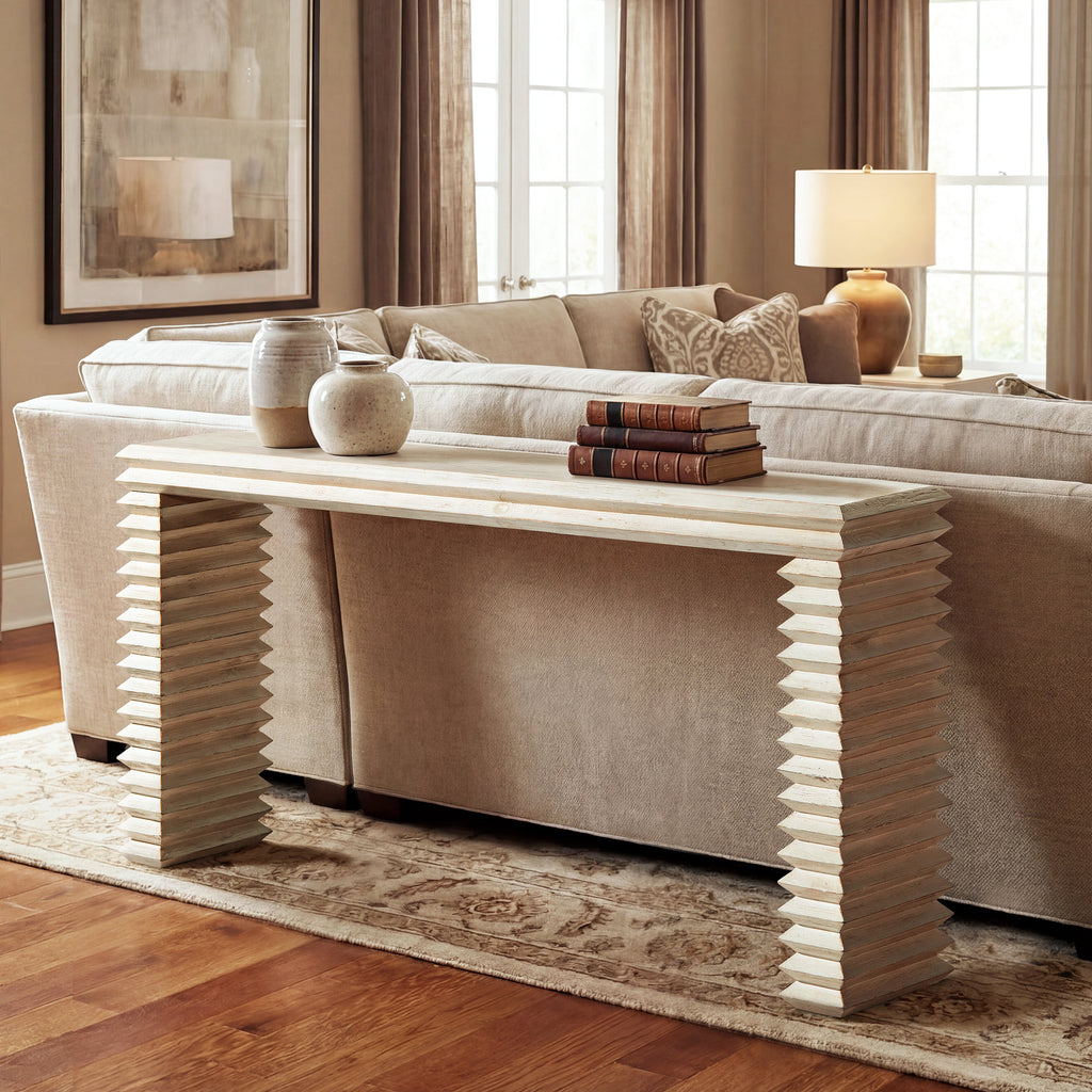 Veda 63" Reclaimed Wood Stacked Geometric Waterfall Console Table, Whitewashed