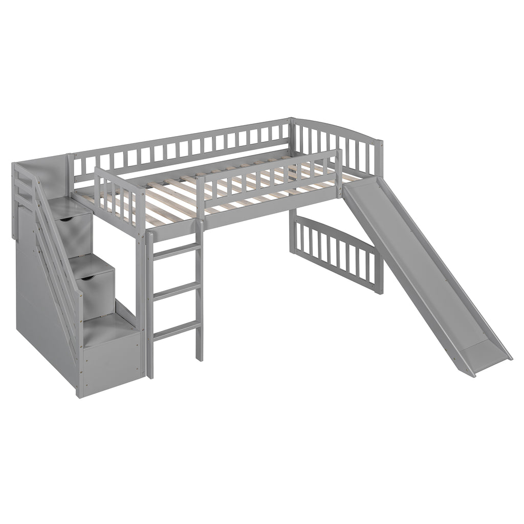 Stairway Twin Size Loft Bed with Two Drawers and Slide, Gray
