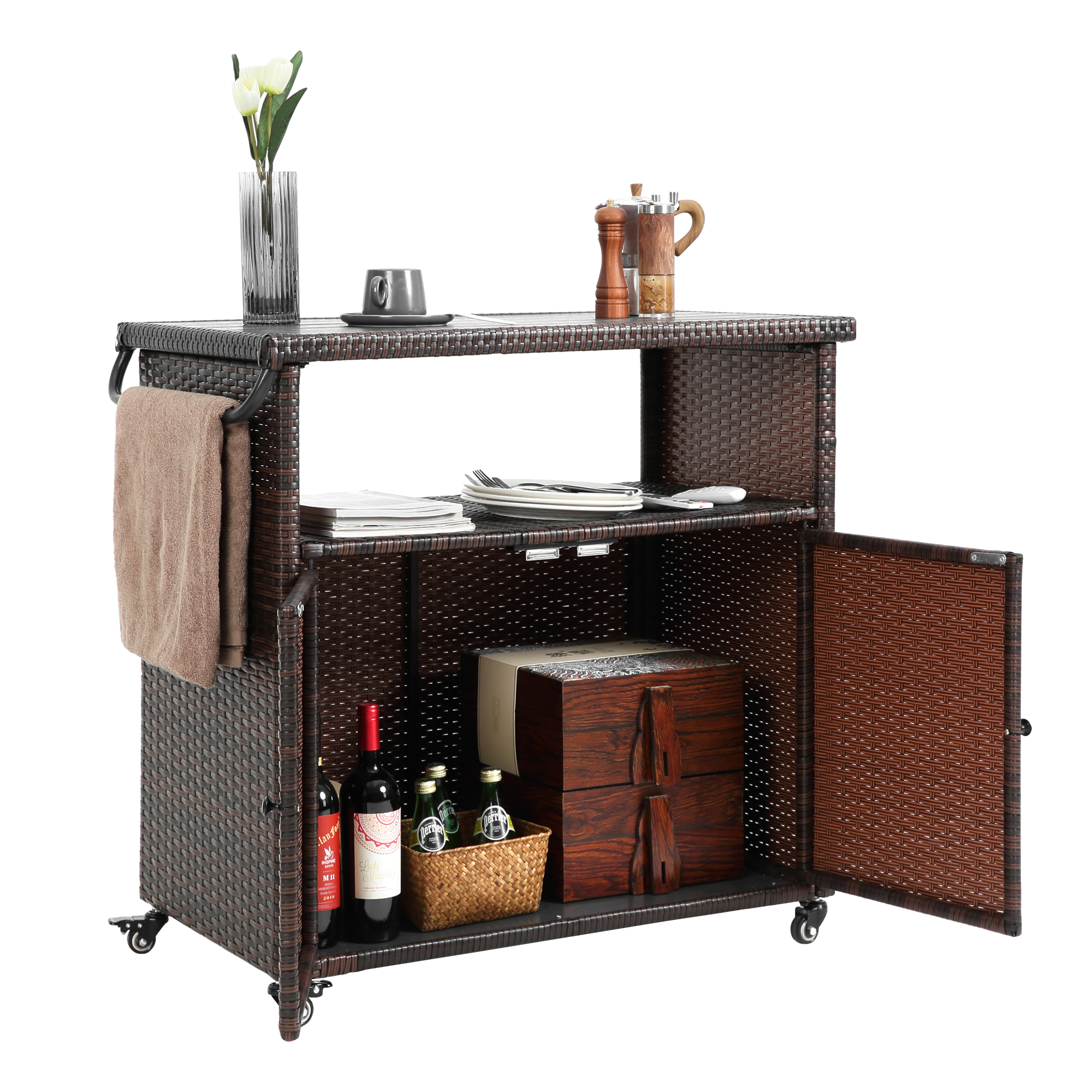 Outdoor Wicker Bar Cart with Glass Top and Wheels - Light Brown