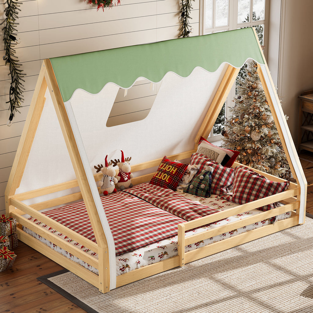 Full Size House Floor Bed with Tent and Light
