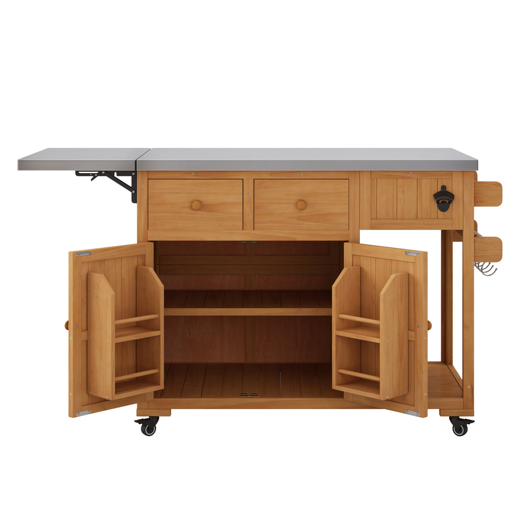 TOPMAX 59.9-Inch Outdoor Kitchen Cart, Solid Fir Wood with Extendable Stainless Steel Top, Natural