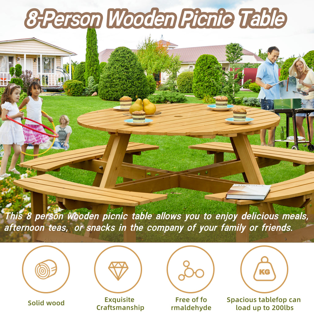 Outdoor 8 Person Picnic Table with Umbrella Hole