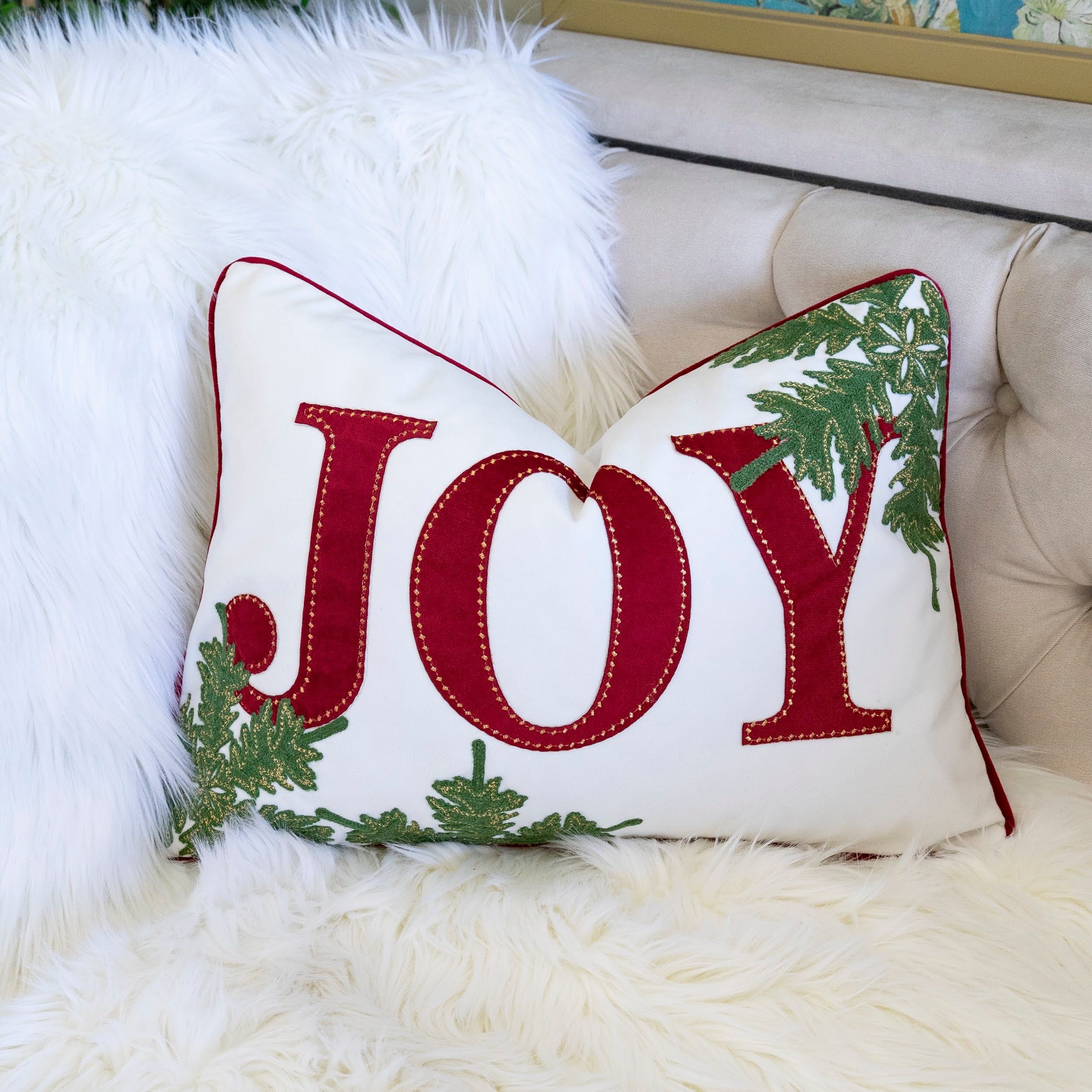 JOY Embroidered Christmas Throw Pillow