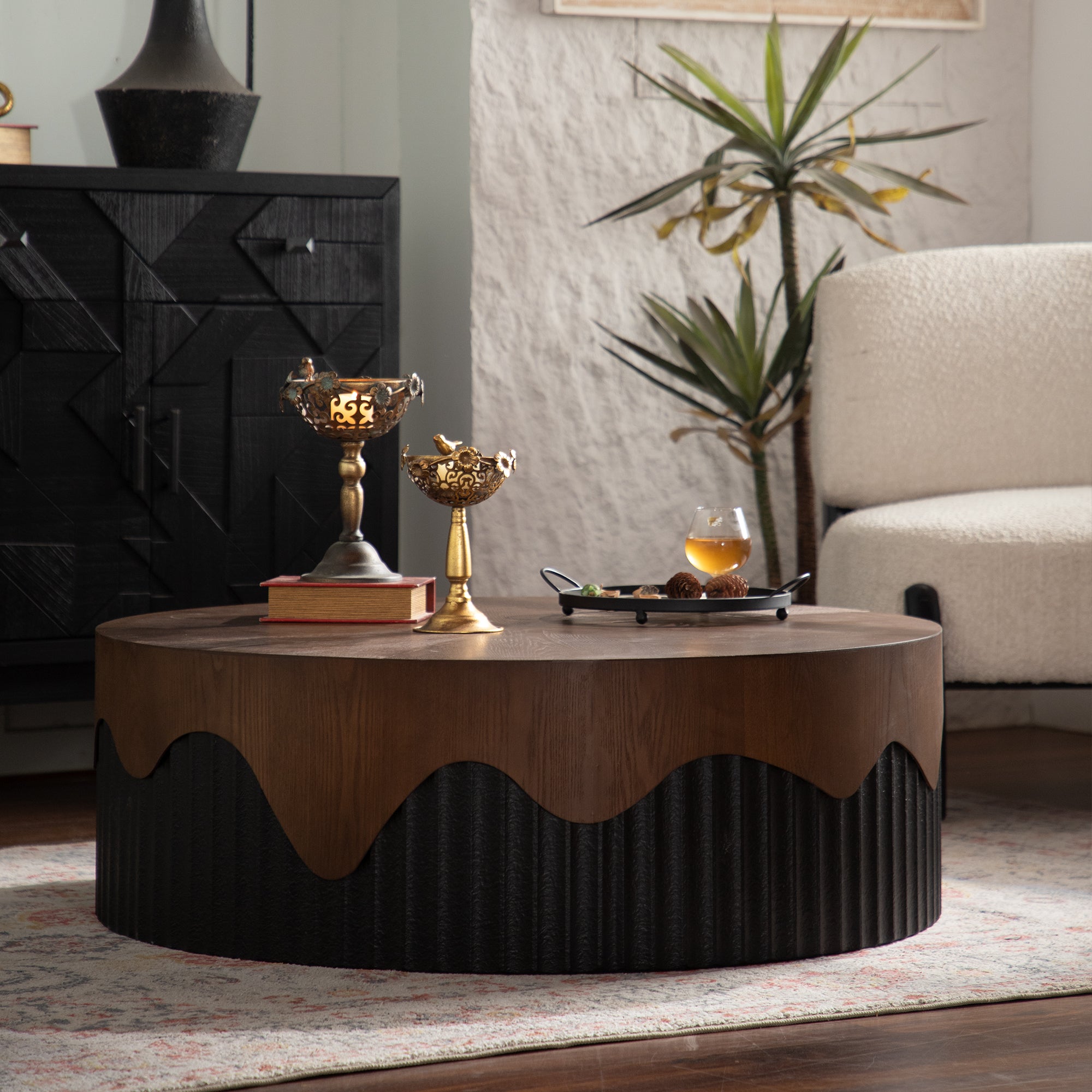 38.97" Round Handcrafted Relief Coffee Table