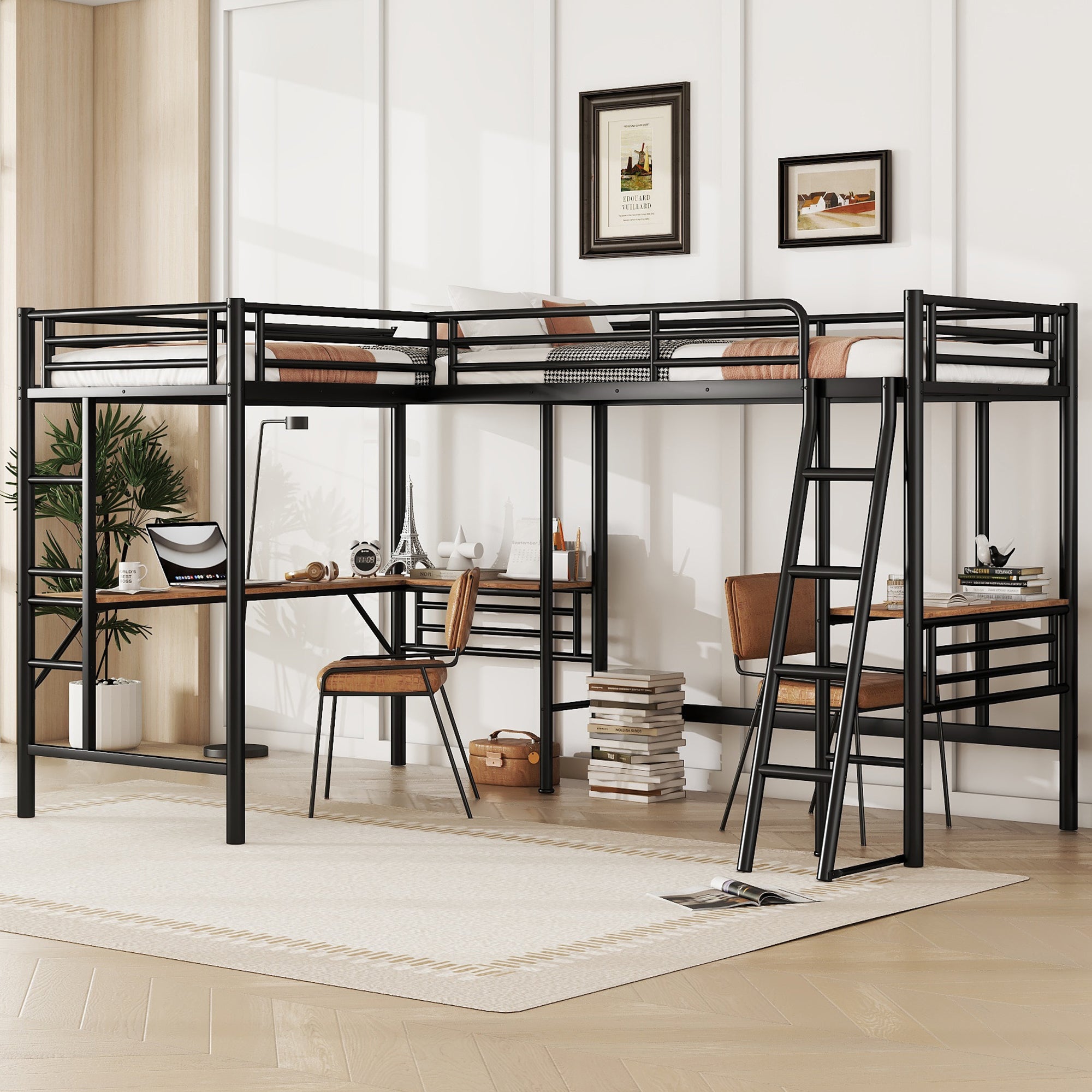 Twin Size Metal Loft Bed with Two Built-in Desks