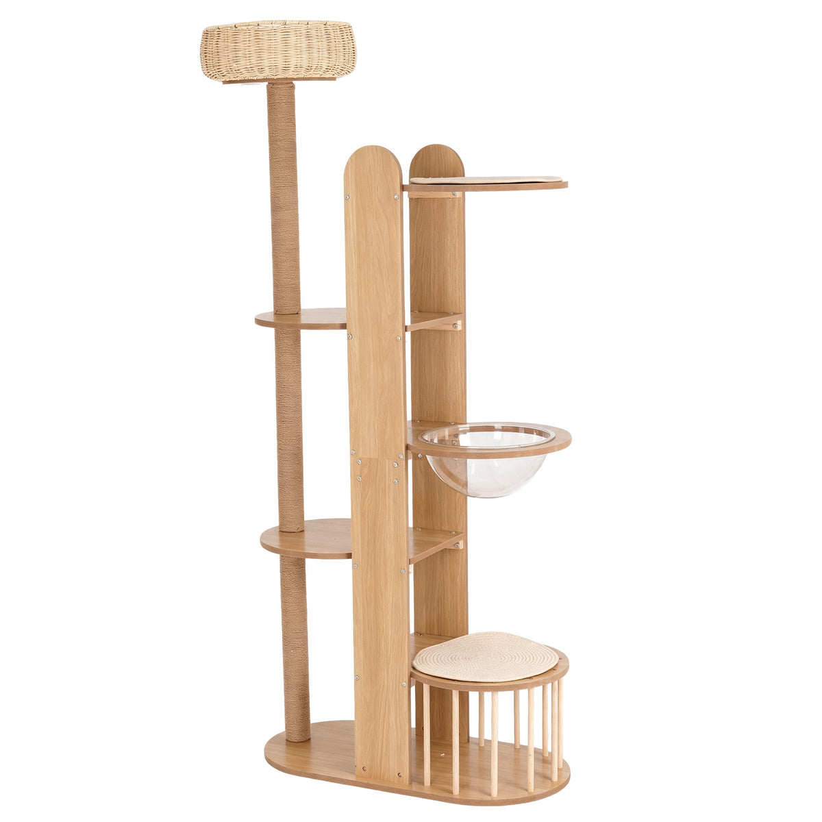 Multi-Level Wood Cat Tree Tower, 70.8" Tall Cat Activity Tree with Sisal Scratching Post, Space Capsule, Woven Top Bed & Fenced Cat House, Modern Indoor Cat Climbing Furniture