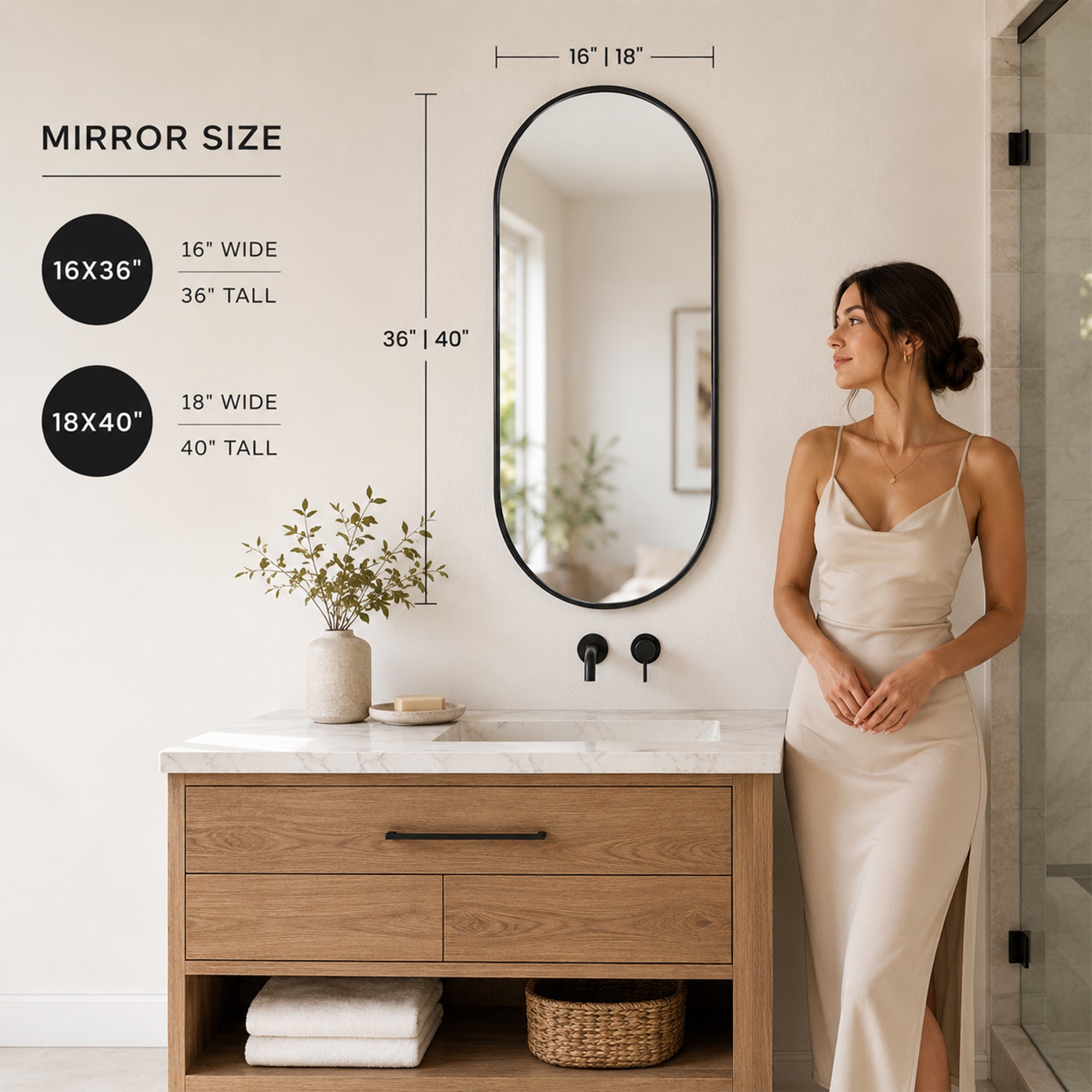 Black PVC Frame Mirror 18x40 Inch