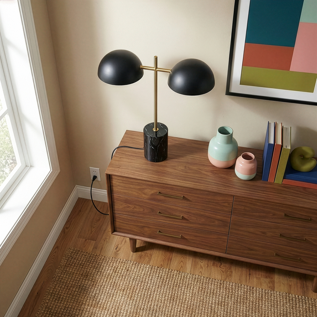 Black Table Lamp with On/Off Switch and Faux Marble Base