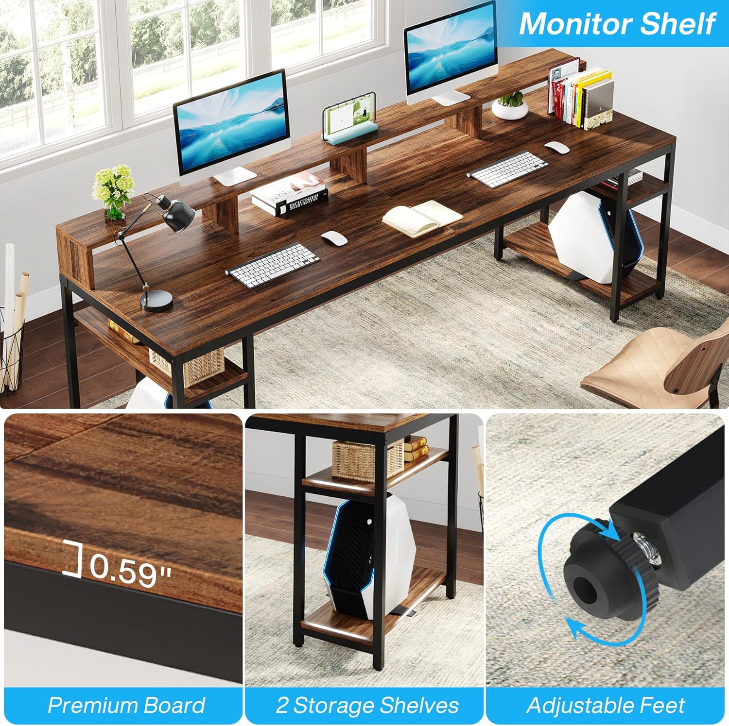 Two Person Desk with Monitor Stand