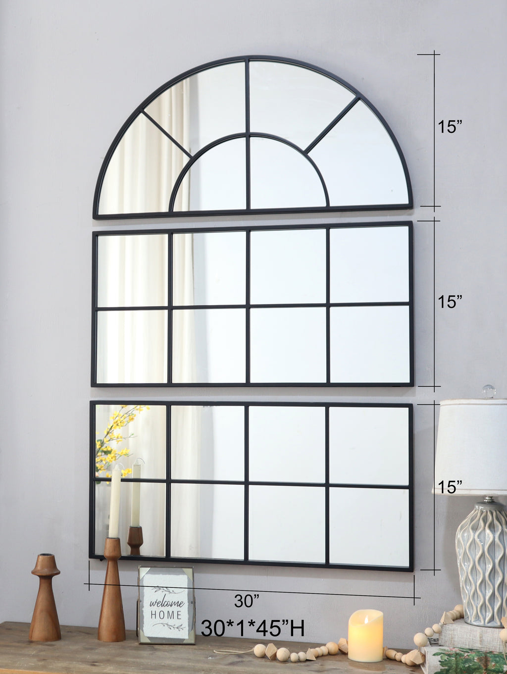 30" x 45" Large Arched Wall Mirror with Three Separate Sections