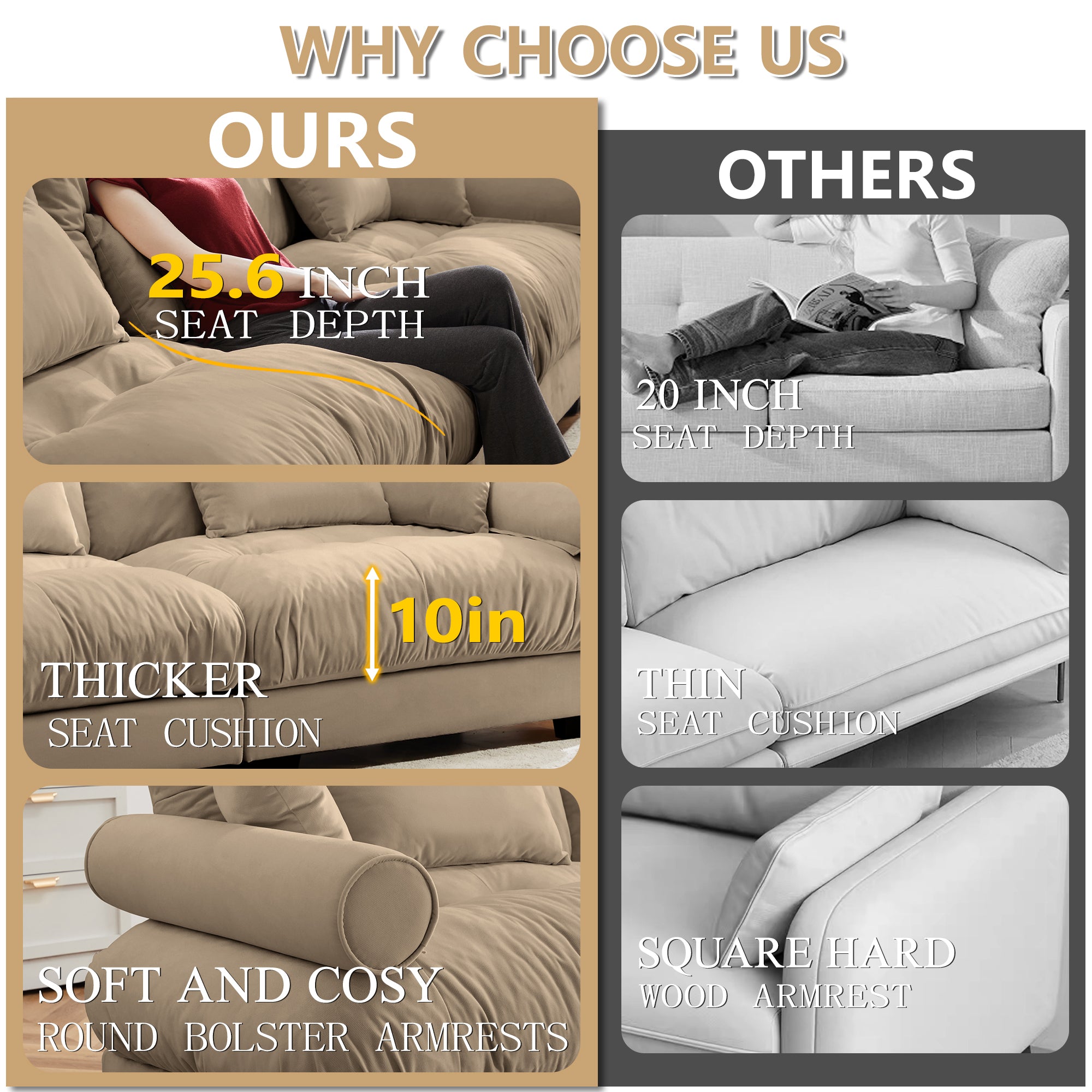 Large Size Modern Two-Seater Sofa with Bolstered Armrests