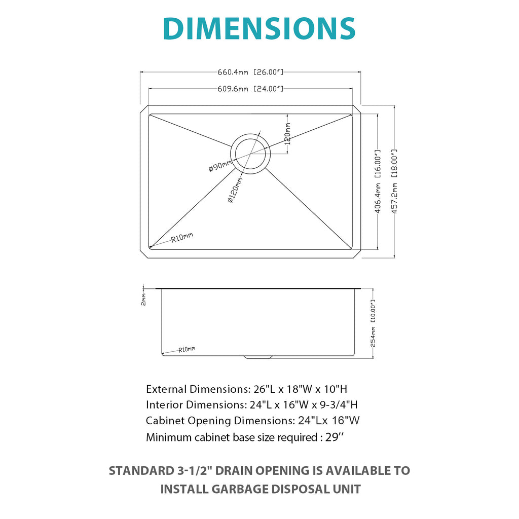 26 Inch Undermount Stainless Steel Kitchen Sink