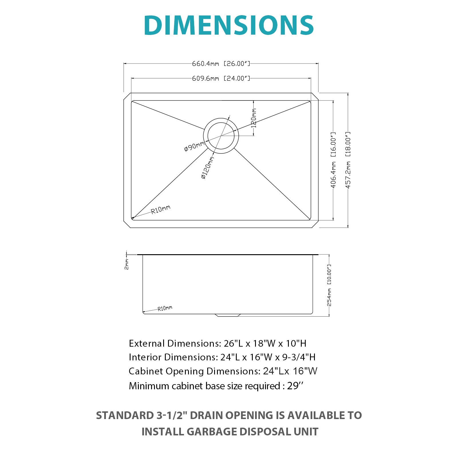 26 Inch Undermount Stainless Steel Kitchen Sink