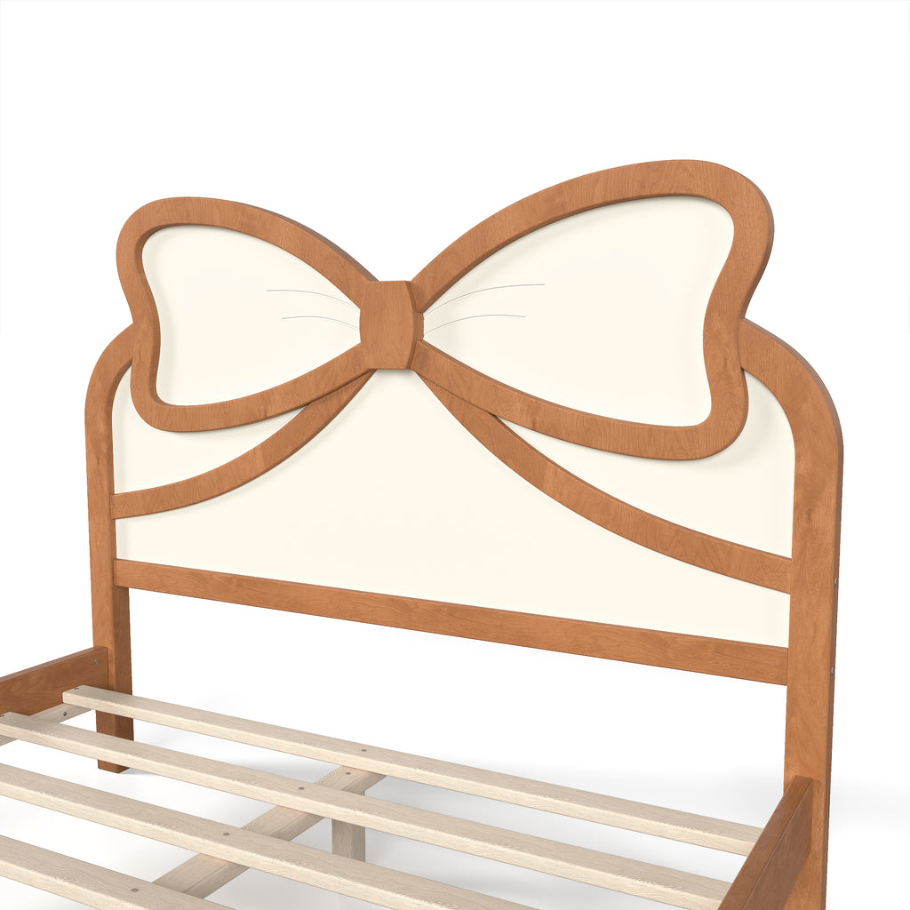 Full Size Wooden Platform Bed with Bow Headboard, Beige and Natural