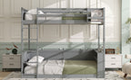 Queen Size Wooden Bunk Bed with Built-in Shelves and Storage