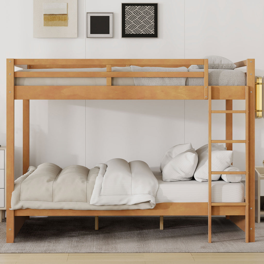 Wood Queen Size Bunk Bed with Ladder, Wood Color
