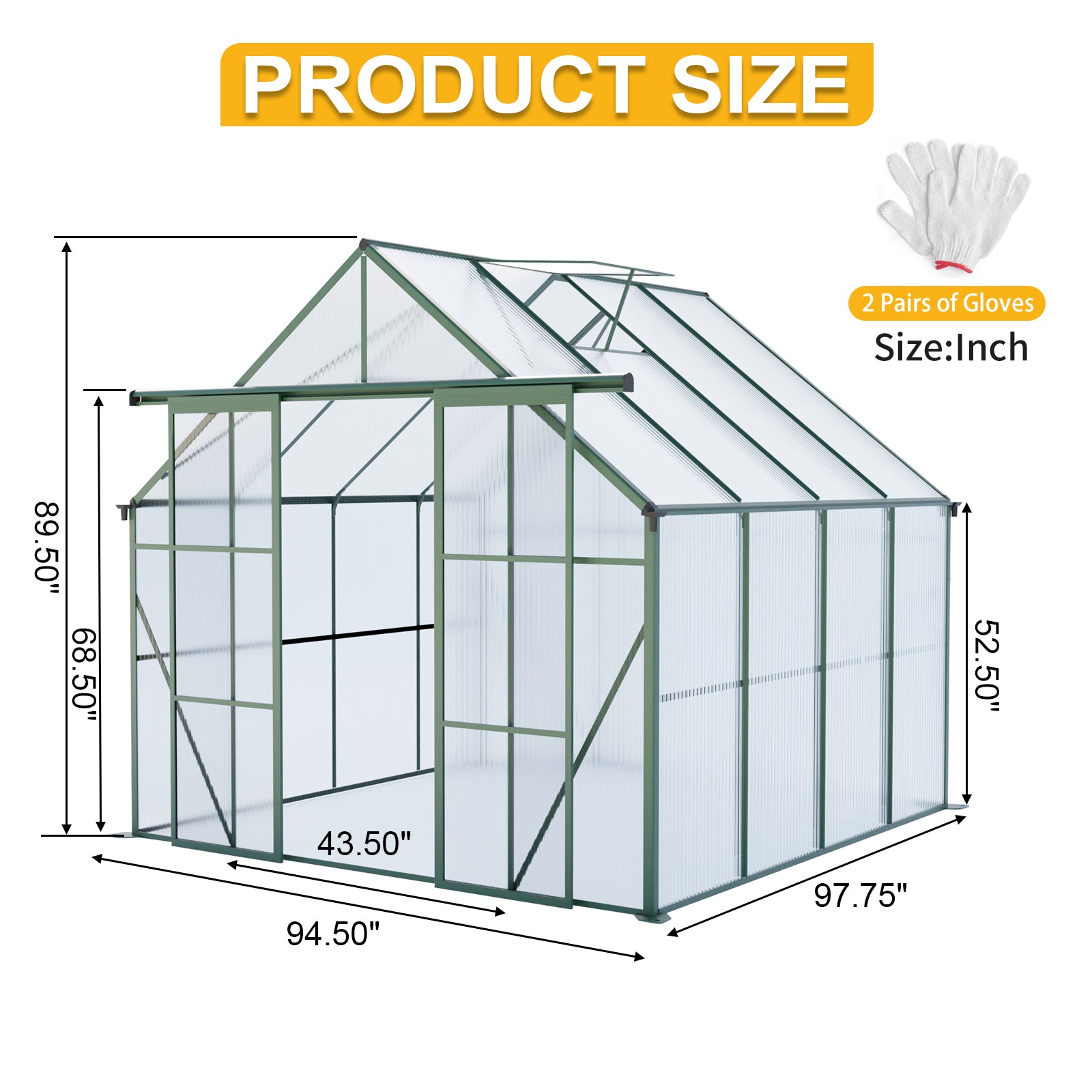 8x8 FT Double Door Polycarbonate Greenhouse