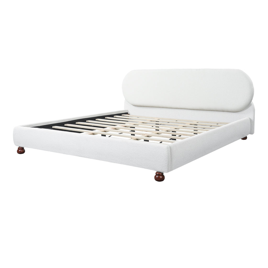Cream-Colored Boucle Upholstered Bed with Rubber Wood Foot - King