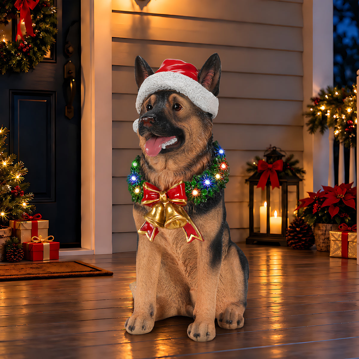 Lighted Christmas German Shepherd Dog Statue, Santa Hat Puppy Figurine, 20.87-Inch, Black and Brown