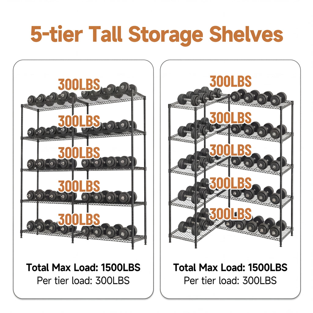5 Tiers Metal Storage Shelves - Load 1500LBS